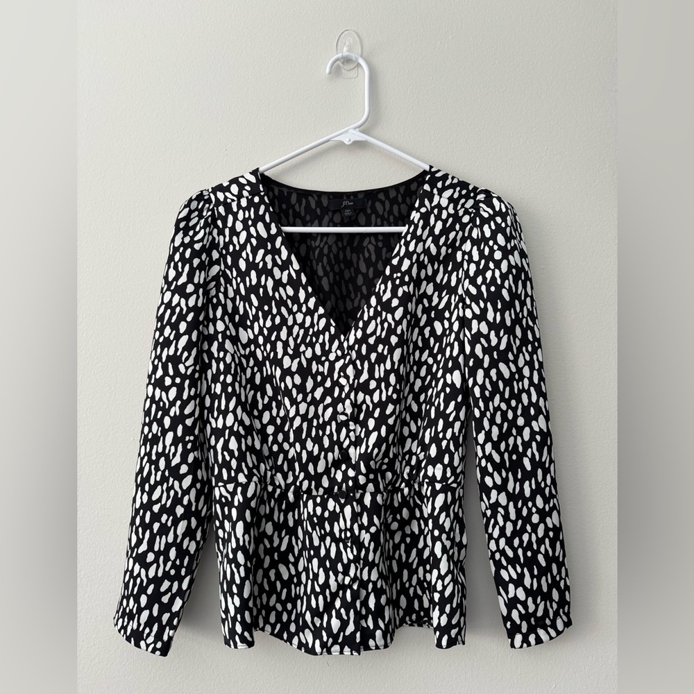 J.CREW Women's Printed Satin Crepe Peplum Top Blouse Black White Size 00 - Picture 1 of 10